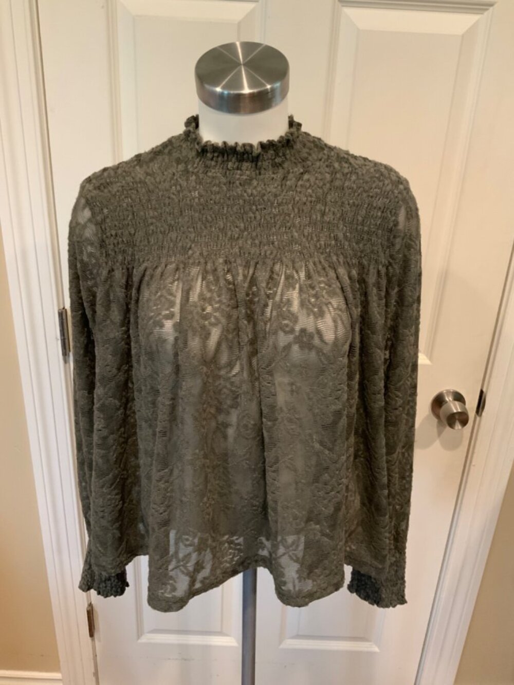 Deletta Gray Smocked Floral Ruffle Neck Sheer Top, Size Medium